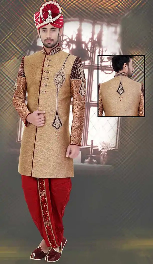 Tan Brown Color Jacquard,Jute Wedding Wear Readymade Short Sherwani | FH492175501