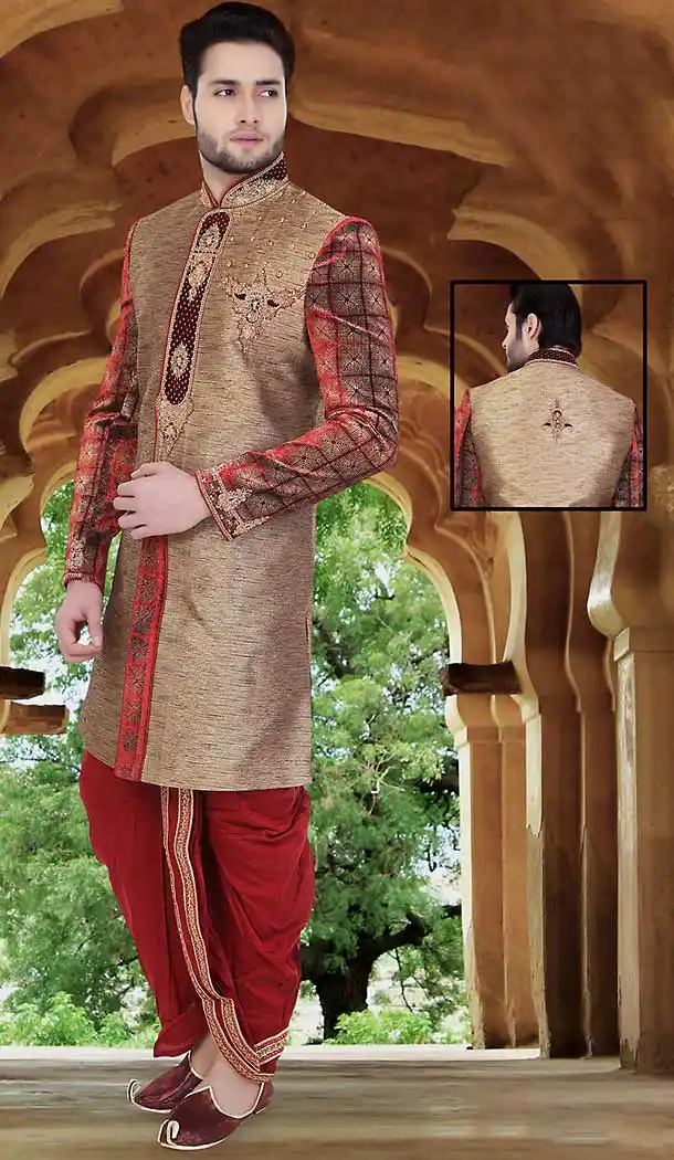Brown Color Jute Wedding Wear Readymade Short Sherwani | FH492175502