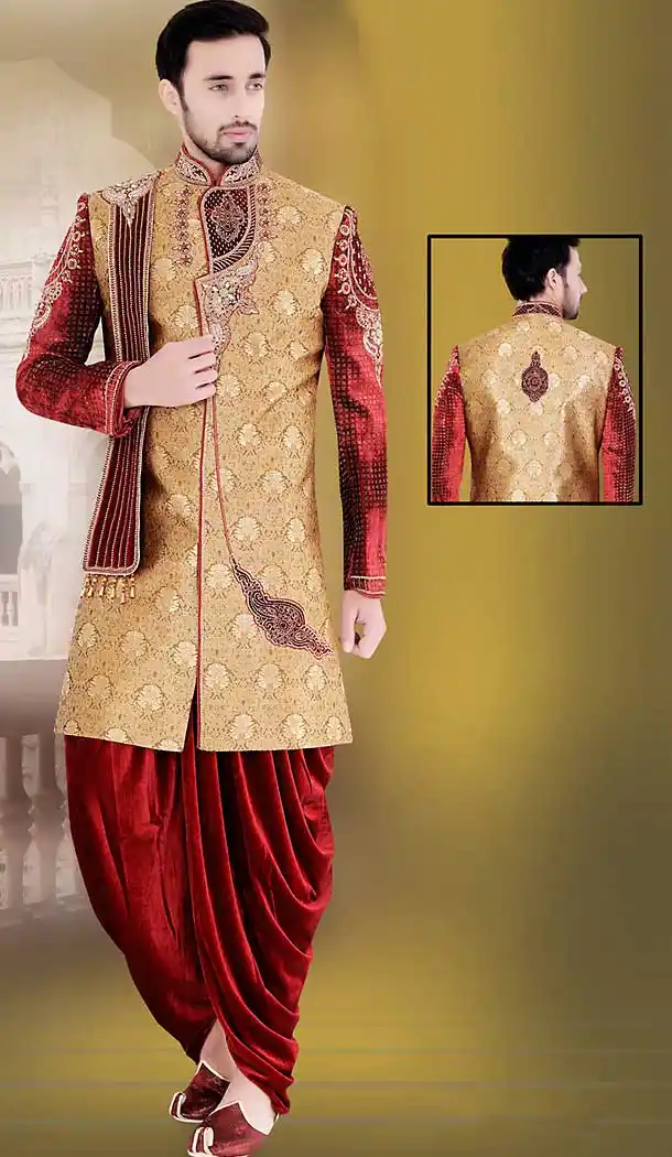 Tan Brown Color Jacquard,Silk Wedding Wear Readymade Short Sherwani | FH492175503