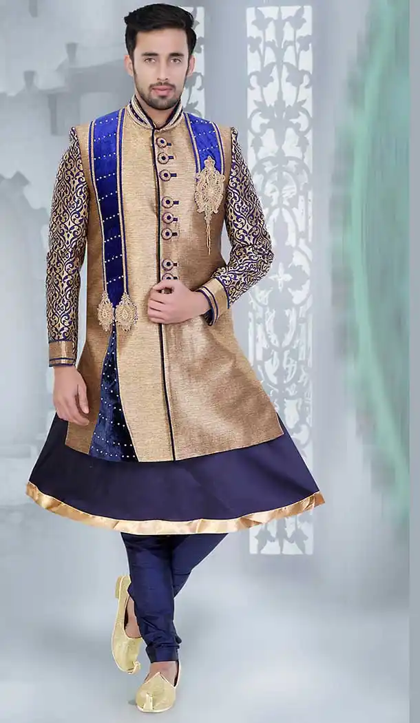 Tan Brown Color Jute Groom Readymade Wedding Sherwani | FH492175505