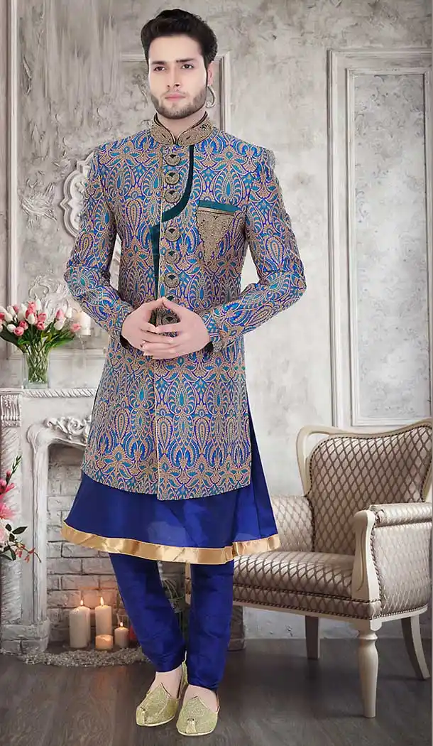 Navy Blue Color Brocade Jamawar Groom Readymade Wedding Sherwani | FH492175507