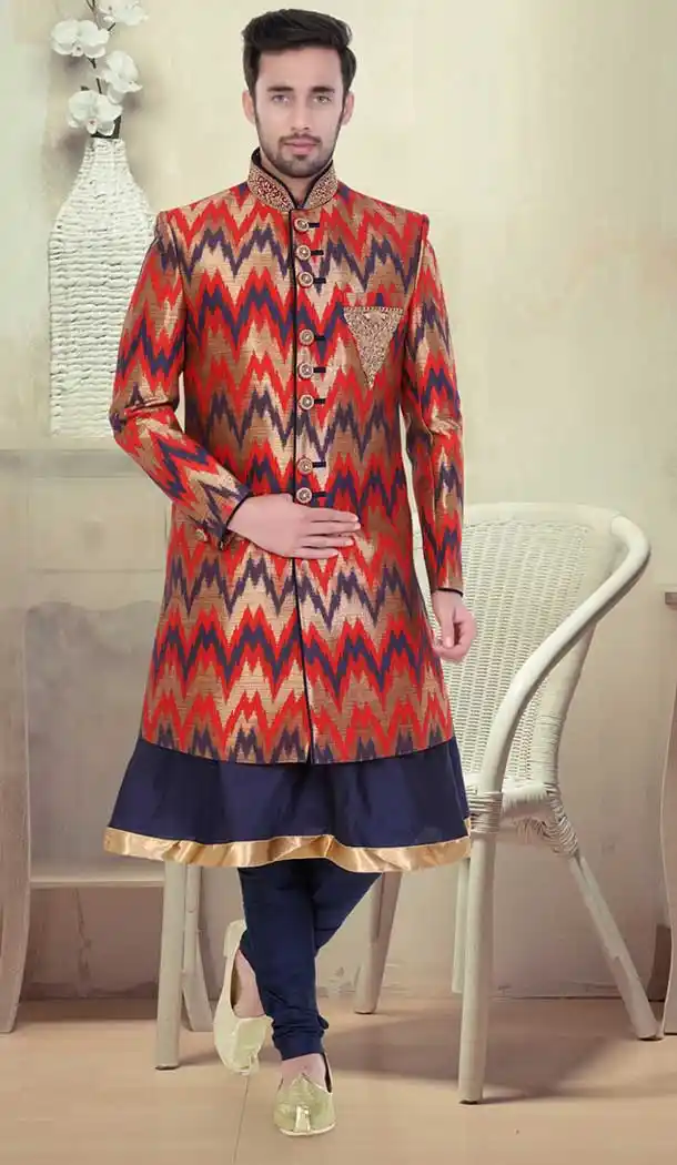 Brown Color Brocade Jamawar Groom Readymade Wedding Sherwani | FH492175508