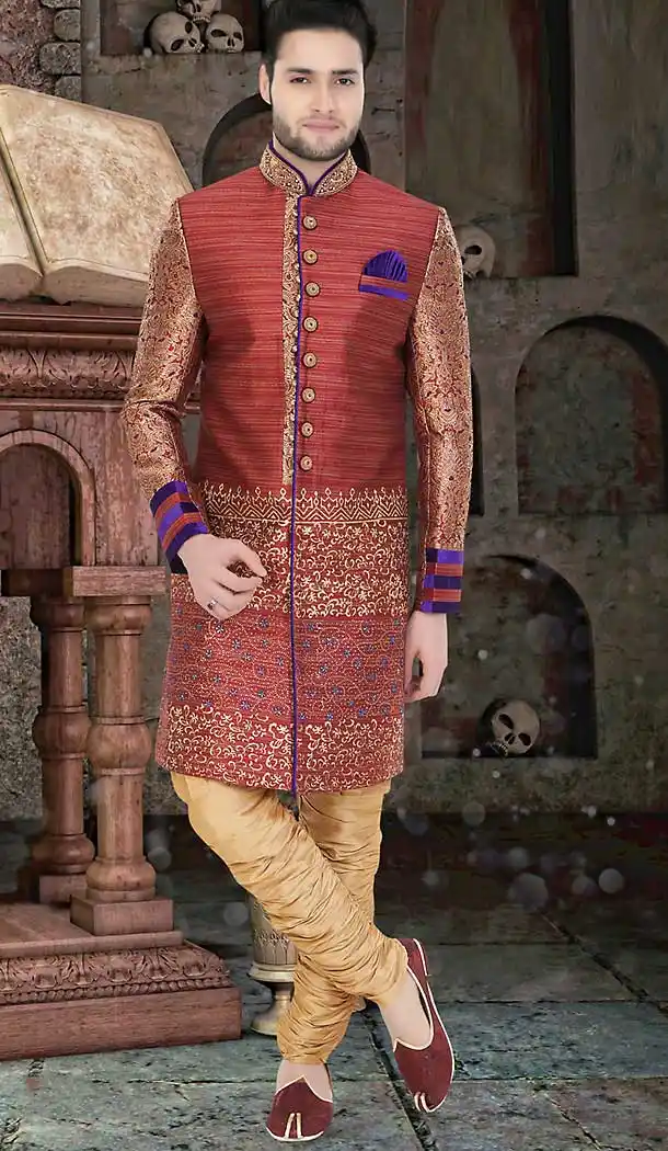 Maroon Color Brocade Jamawar Groom Readymade Wedding Sherwani | FH492175509