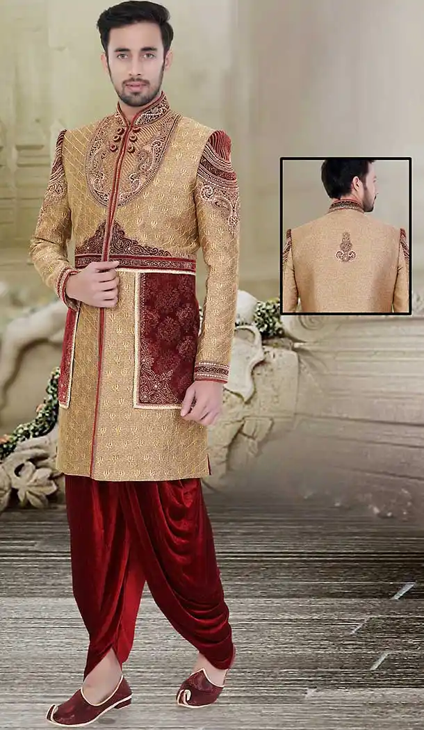 Tan Brown Color Velvet,Jute Groom Readymade Wedding Short Sherwani | FH492275522