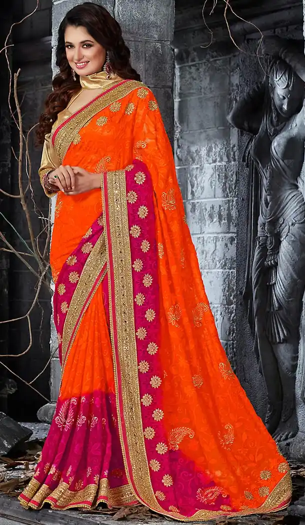 Deep Orange Color Georgette Ethnic Wear Designer Sarees | FH492475546