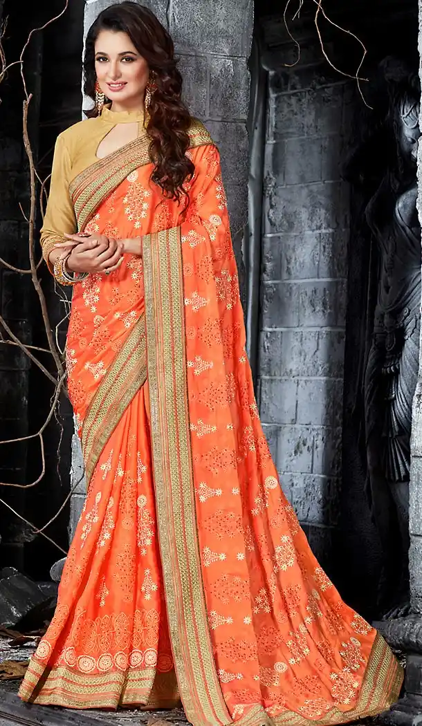 Orange Color Net Ethnic Wear Designer Sarees | FH492475553