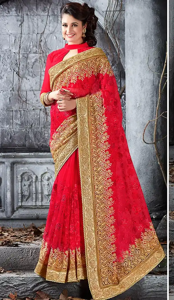 Crimson Color Net Ethnic Wear Designer Sarees | FH492475554