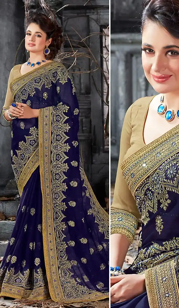 Navy Blue Color Net Ethnic Wear Designer Sarees | FH492475555