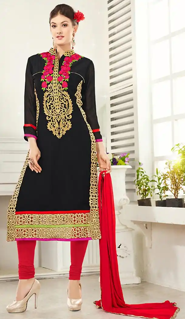 Georgette Black Color Evening Wear Churidar Kameez | FH492975605