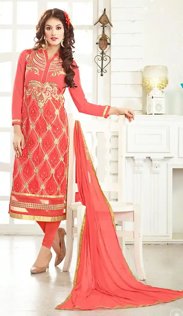 Georgette Salmon Color Evening Wear Churidar Kameez | FH492975606