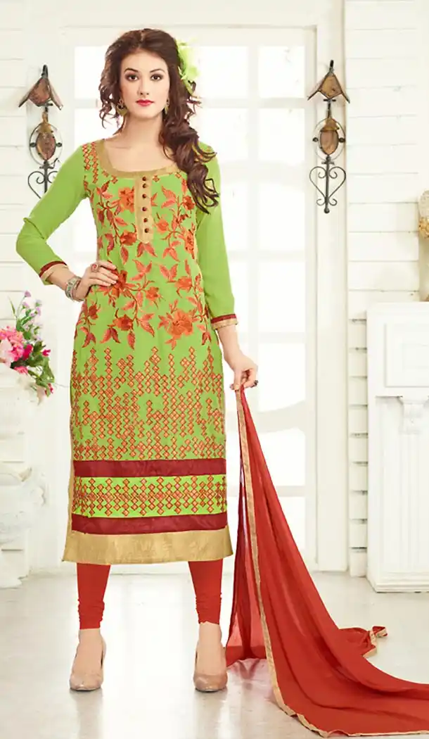 Georgette Parrot Green Color Evening Wear Churidar Kameez | FH492975607