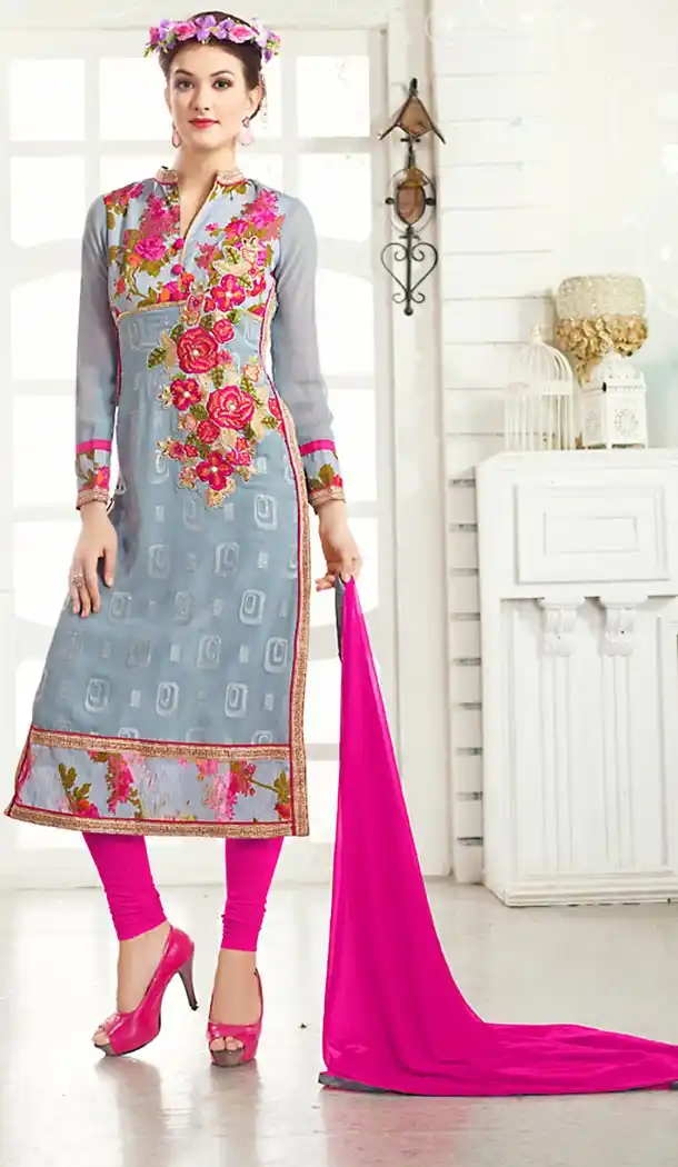 Georgette Slate Grey Color Evening Wear Churidar Kameez | FH492975609