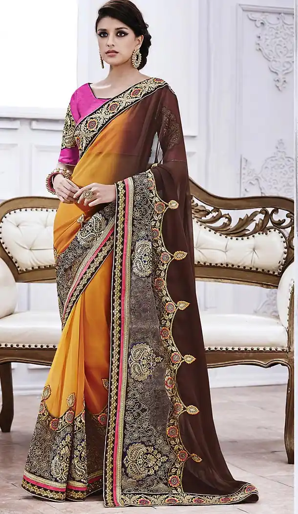 Chocolate Color Chiffon Ethnic Wear Traditional Sarees | FH493075612