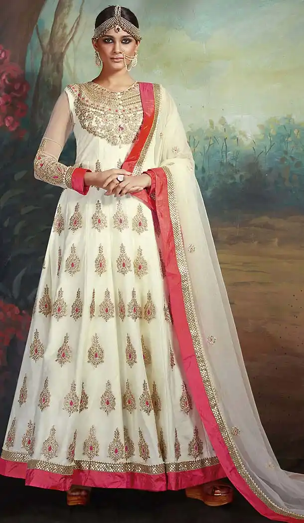 Off White Color Silk Anarkali Pakistani Style Dresses | FH493175648