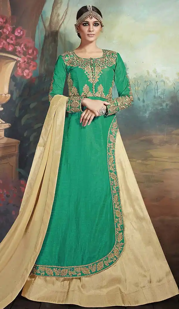 Emerald Color Silk Achkan Pakistani Style Dresses | FH493175652