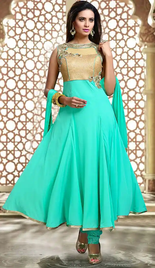 Turquoise Color Art Silk Anarkali Style Readymade Churidar Suit | FH493775694