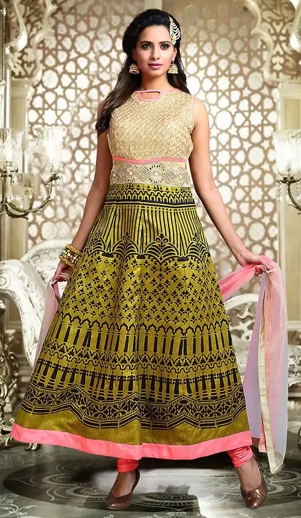 Mehendi Green Color Art Silk Anarkali Style Readymade Churidar Suit | FH493775698