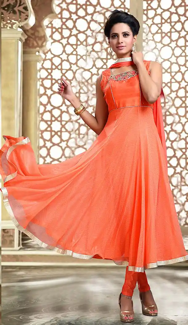 Coral Color Art Silk Anarkali Style Readymade Churidar Suit | FH493775700