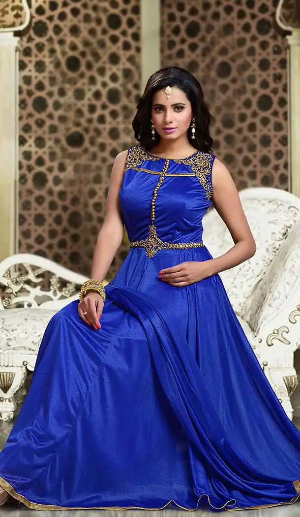 Deep Blue Color Lycra Anarkali Style Readymade Churidar Suit | FH493775703