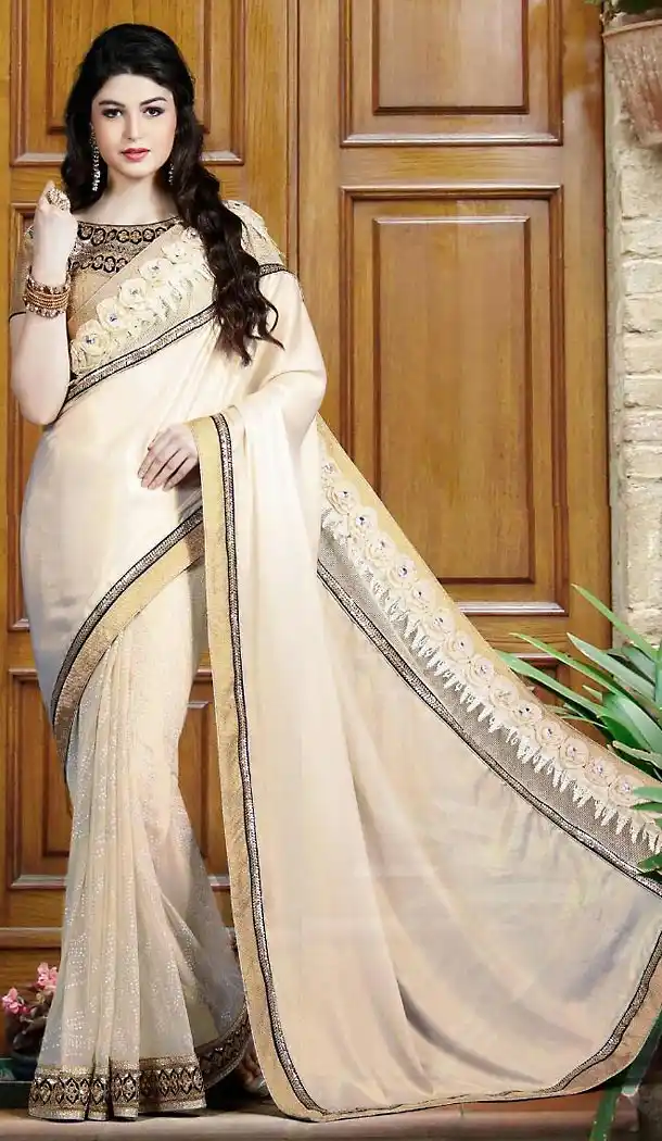 Beige Color Chiffon Lace Border Work Plain Pallu Saree | FH494375777