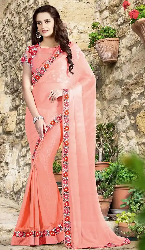 Salmon Color Chiffon Lace Border Work Plain Pallu Saree | FH494375778