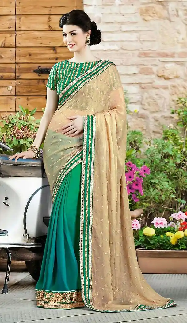 Emerald Color Chiffon Lace Border Work Plain Pallu Saree | FH494375779