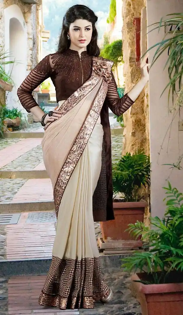 Beige Color Lycra Lace Border Work Plain Pallu Saree | FH494375780
