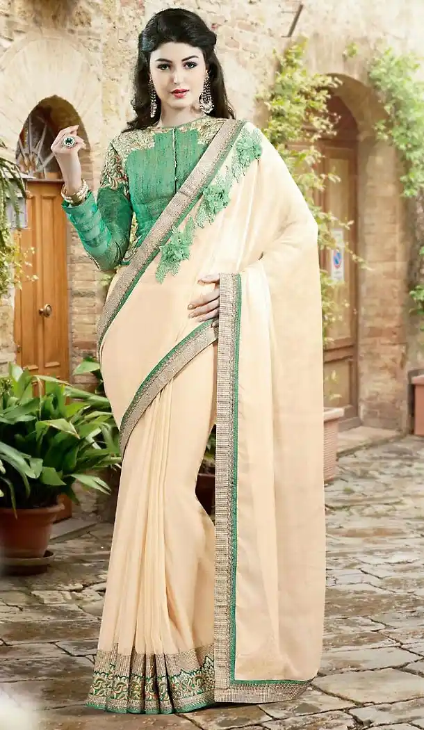 Beige Color Chiffon Lace Border Work Plain Pallu Saree | FH494375782