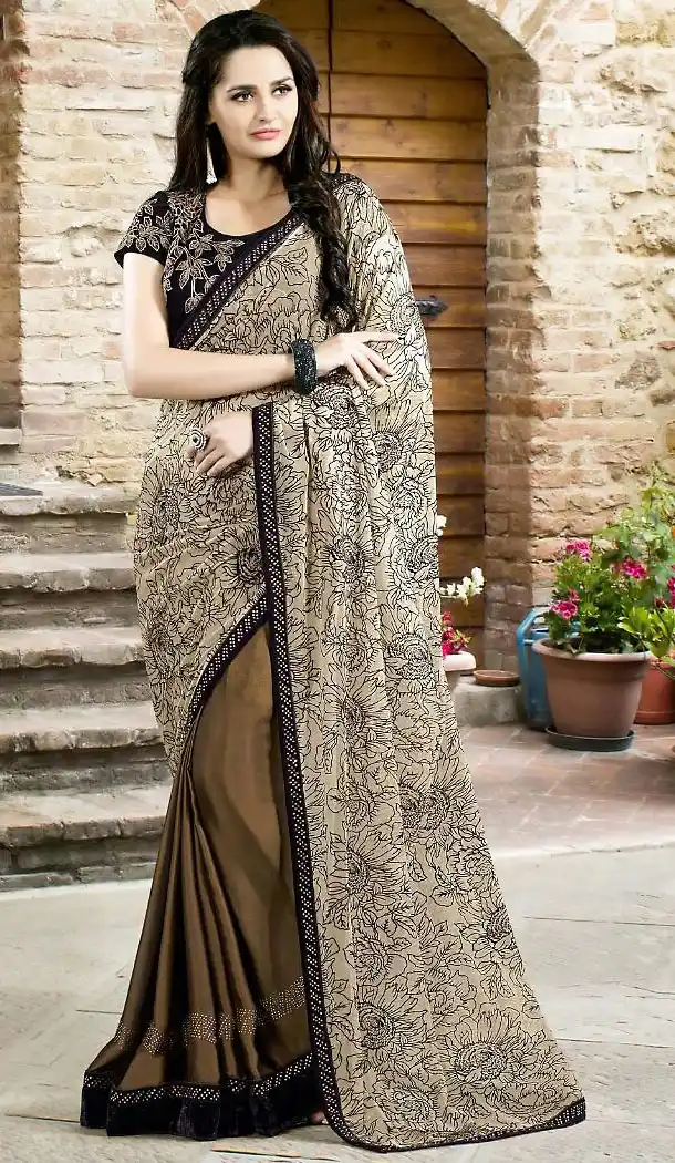 Chocolate Color Chiffon Lace Border Work Plain Pallu Saree | FH494375783