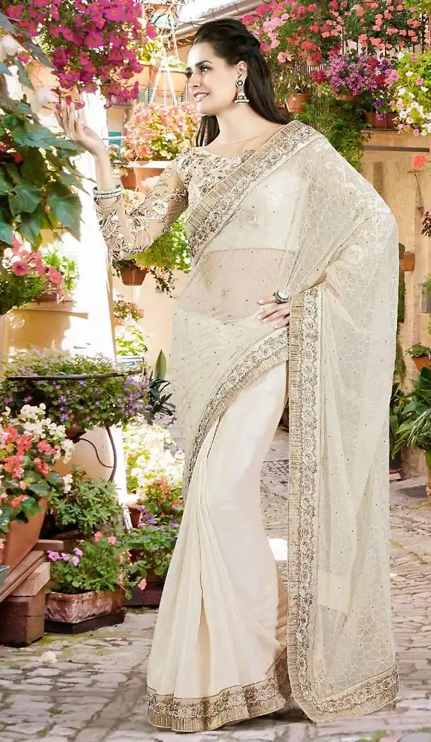 Off White Color Jacquard Lace Border Work Plain Pallu Saree | FH494375785