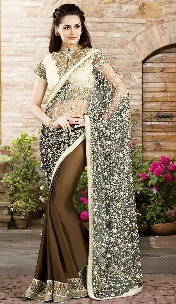 Chocolate Color Georgette Lace Border Work Plain Pallu Saree | FH494375787