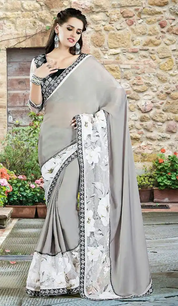 Dove Color Georgette Lace Border Work Plain Pallu Saree | FH494375788