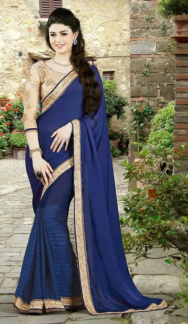 Navy Blue Color Chiffon Lace Border Work Plain Pallu Saree | FH494375789