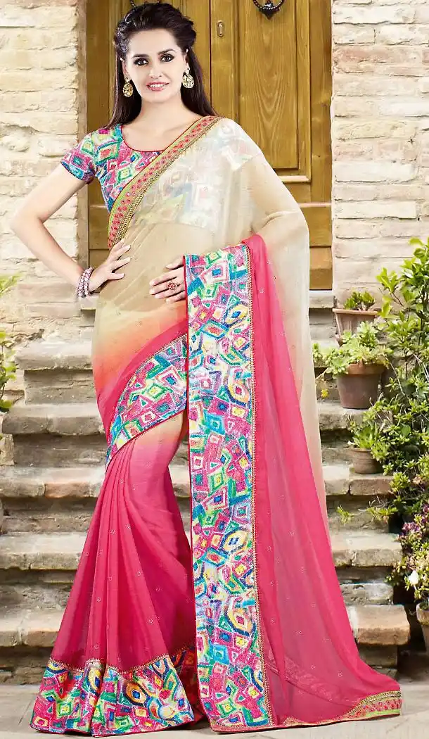 Deep Pink Color Georgette Lace Border Work Plain Pallu Saree | FH494375790