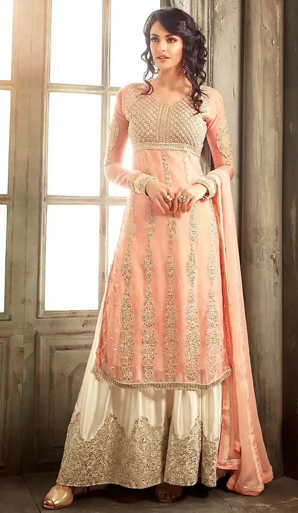 Salmon Color Chiffon Straight Cut Style Palazzo Dresses | FH494575803