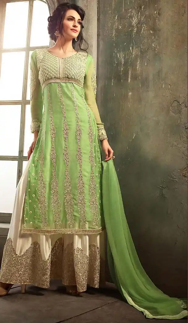Parrot Green Color Chiffon Straight Cut Style Palazzo Dresses | FH494575804