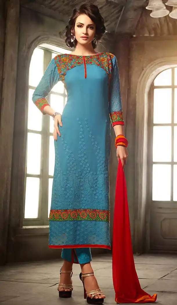 Cadet Blue Color Georgette Straight Cut Style Narrow Pants Dresses | FH494575806