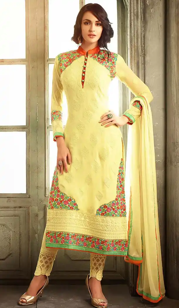 Yellow Color Georgette Straight Cut Style Narrow Pants Dresses | FH494575809