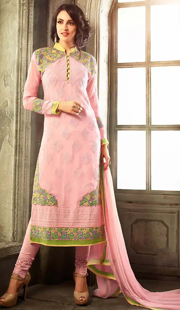 Salmon Color Georgette Straight Cut Style Narrow Pants Dresses | FH494575810