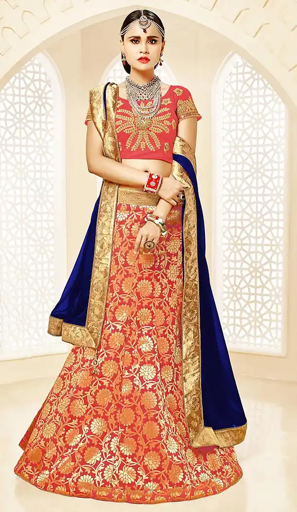 Crimson Color Brocade A Line Style Party Ghagra Choli | FH494675811