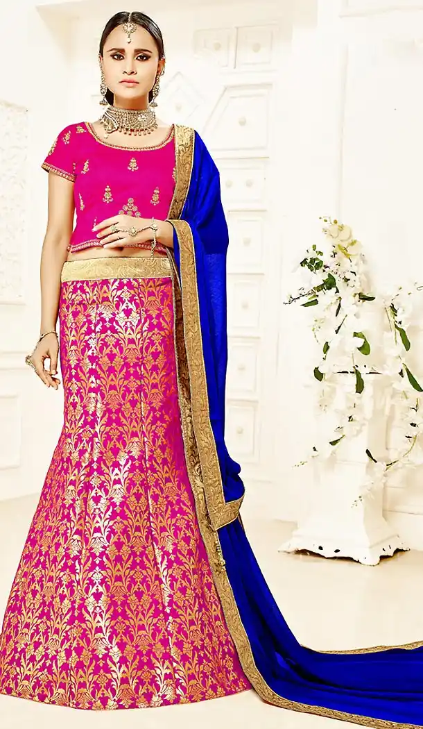 Deep Pink Color Brocade A Line Style Party Ghagra Choli | FH494675813