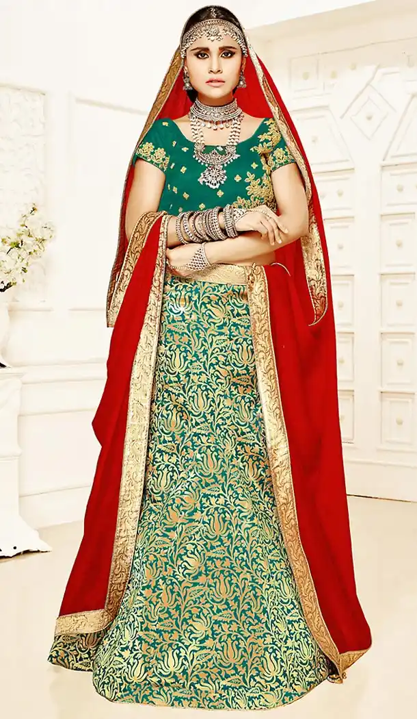 Emerald Color Brocade A Line Style Party Ghagra Choli | FH494675818