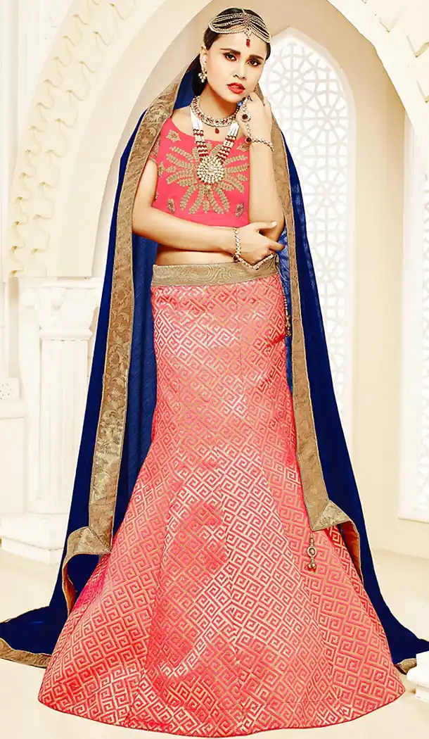 Salmon Color Brocade A Line Style Party Ghagra Choli | FH494675819