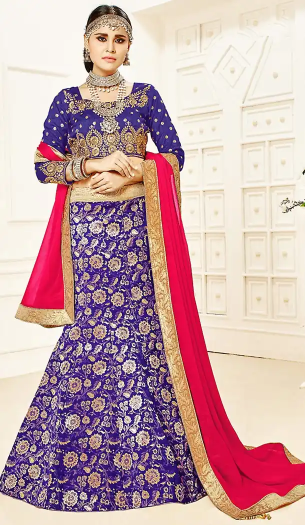 Purple Color Brocade Mermaid Cut Style Party Ghagra Choli | FH494675820