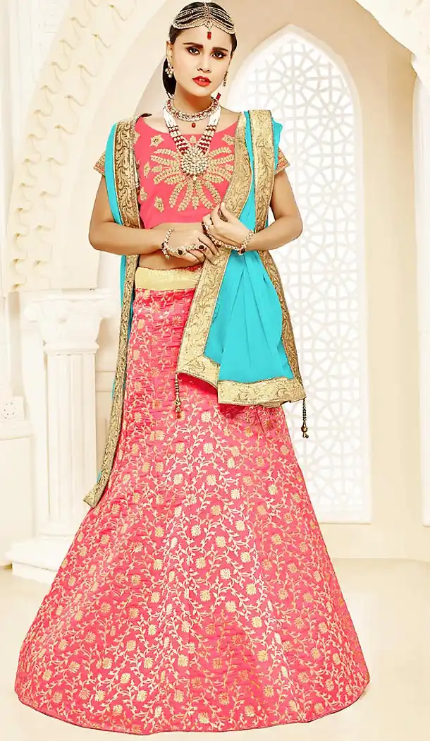 Pink Color Brocade Mermaid Cut Style Party Ghagra Choli | FH494675821