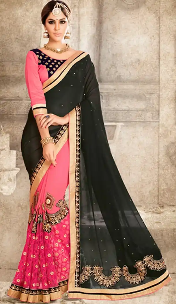 Black Color Georgette Traditional Wear Saree Blouse | FH494775823