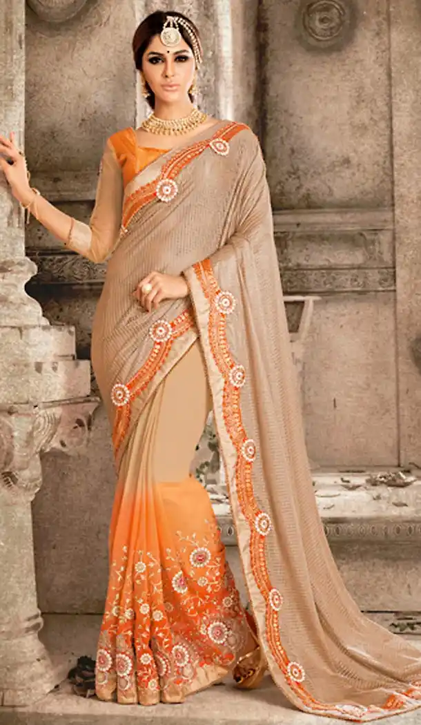 Tan Brown Color Georgette Traditional Wear Saree Blouse | FH494775825