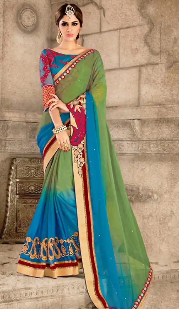 Chrome Green Color Chiffon Traditional Wear Saree Blouse | FH494775826
