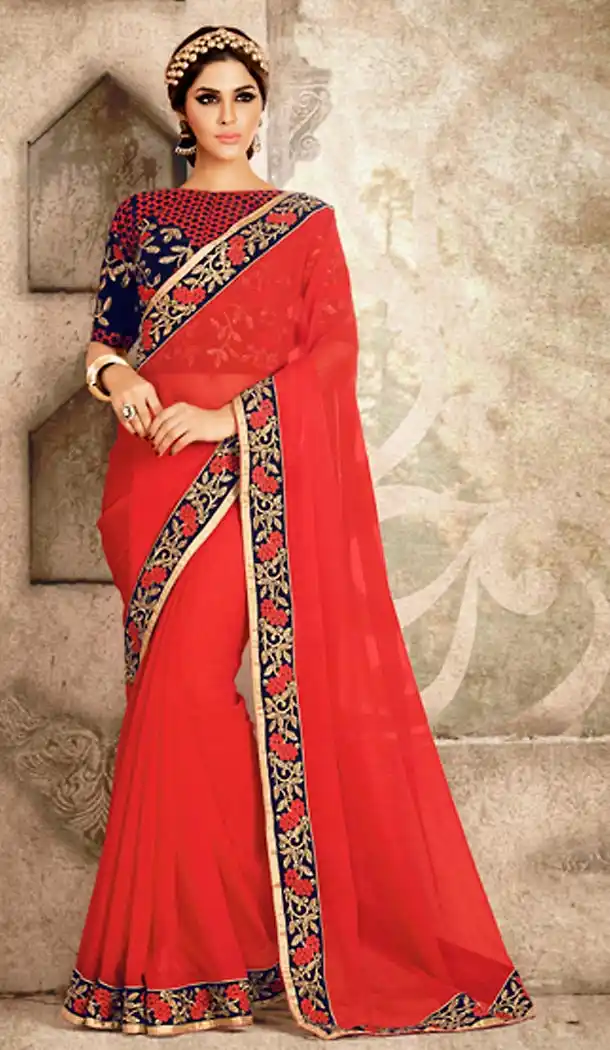 Deep Scarlet Color Chiffon Traditional Wear Saree Blouse | FH494775833