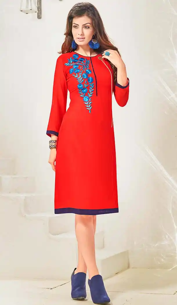 Deep Scarlet Color Cotton & Satin Straight Readymade Kurtis | FH494875837